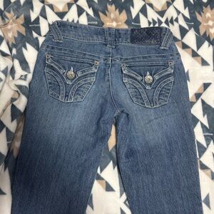 Jolt Vintage Y2K Flare Jeans – Medium Wash – Embellished Flap Pockets – Size 00